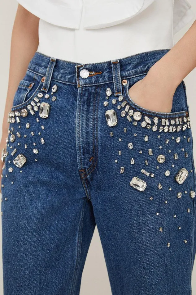 Jeans Women Karen Millen Hand Pocket Embellished Vintage Jeans Mid Wash