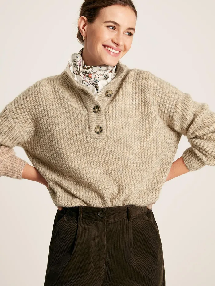 Joules Knitwear Beige Button Neck Ribbed Jumper 8211 Women