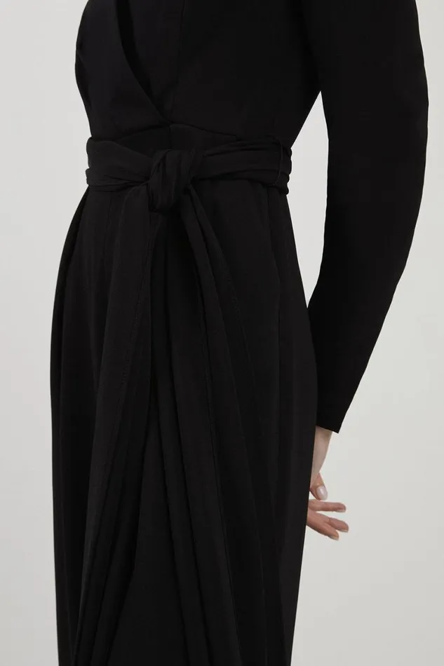 Jumpsuits Women Karen Millen Compact Stretch Viscose Drape Waist Wide Leg Jumpsuit Black