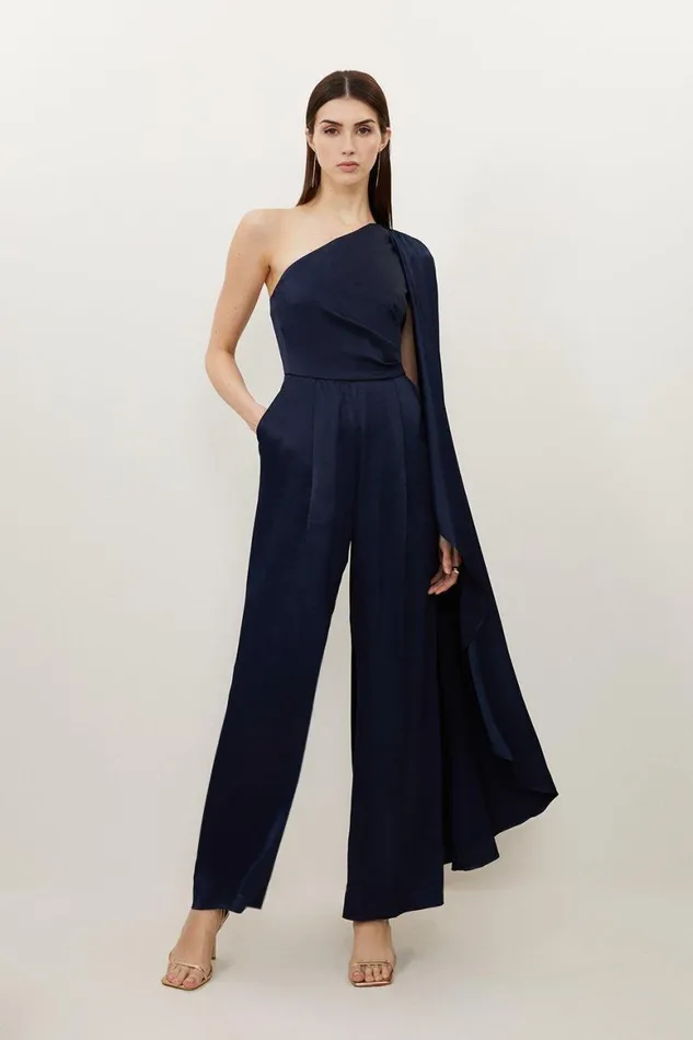 Jumpsuits Women Karen Millen Satin Back Crepe Drape One Shoulder Wide Leg Jumpsuit Navy Jumpsuits Women Karen Millen Satin Back Crepe Drape One Shoulder Wide Leg Jumpsuit Navy