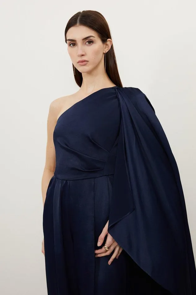 Jumpsuits Women Karen Millen Satin Back Crepe Drape One Shoulder Wide Leg Jumpsuit Navy