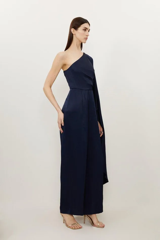 Jumpsuits Women Karen Millen Satin Back Crepe Drape One Shoulder Wide Leg Jumpsuit Navy