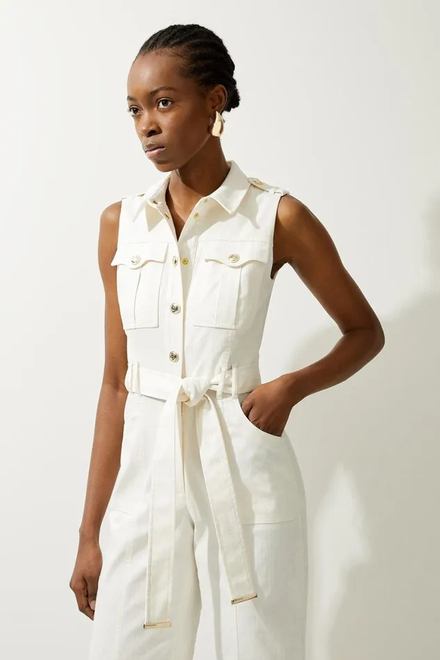Jumpsuits Women Karen Millen Tailored Denim Belted Shirt Wide Leg Jumpsuit Ivory