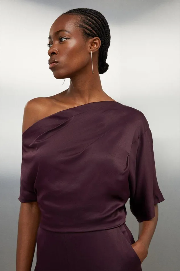 Jumpsuits Women Karen Millen Viscose Satin Back Crepe Off Shoulder Jumpsuit Merlot
