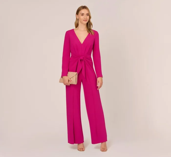 Jumpsuits Womens Adrianna Papell Long Sleeve Crepe Jumpsuit With Tie Front In Hot Orchid