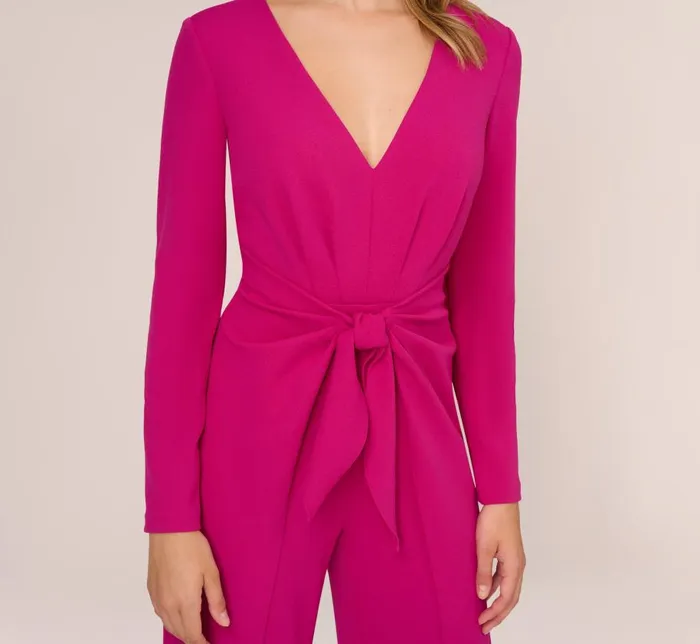 Jumpsuits Womens Adrianna Papell Long Sleeve Crepe Jumpsuit With Tie Front In Hot Orchid