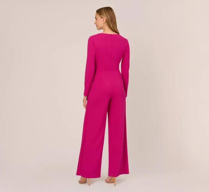 Jumpsuits Womens Adrianna Papell Long Sleeve Crepe Jumpsuit With Tie Front In Hot Orchid