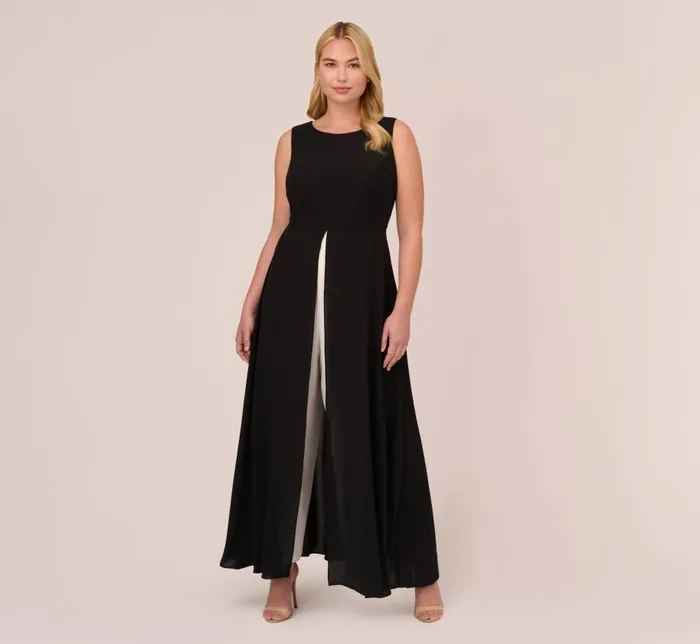 Jumpsuits Womens Adrianna Papell Plus Size Colorblock Jumpsuit With Skirt Overlay In Black Ivory