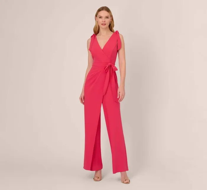 Jumpsuits Womens Adrianna Papell Stretch Knit Crepe Faux Wrap Wide Leg Jumpsuit With Overlay In Pink Lotus