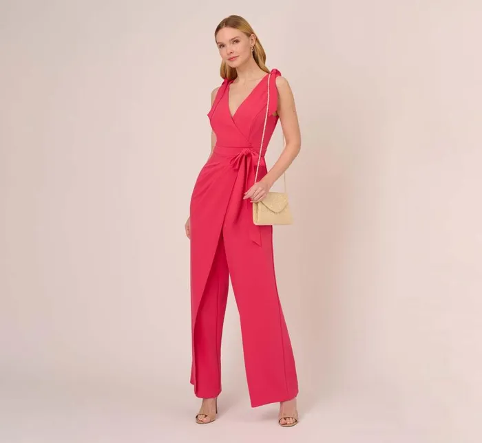 Jumpsuits Womens Adrianna Papell Stretch Knit Crepe Faux Wrap Wide Leg Jumpsuit With Overlay In Pink Lotus