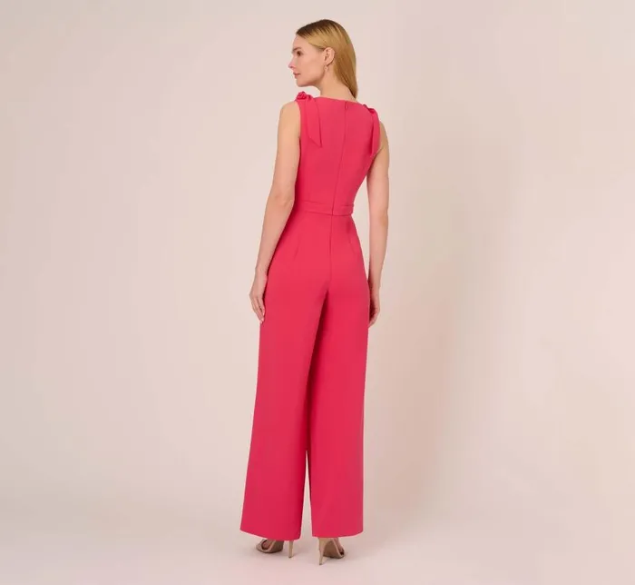 Jumpsuits Womens Adrianna Papell Stretch Knit Crepe Faux Wrap Wide Leg Jumpsuit With Overlay In Pink Lotus