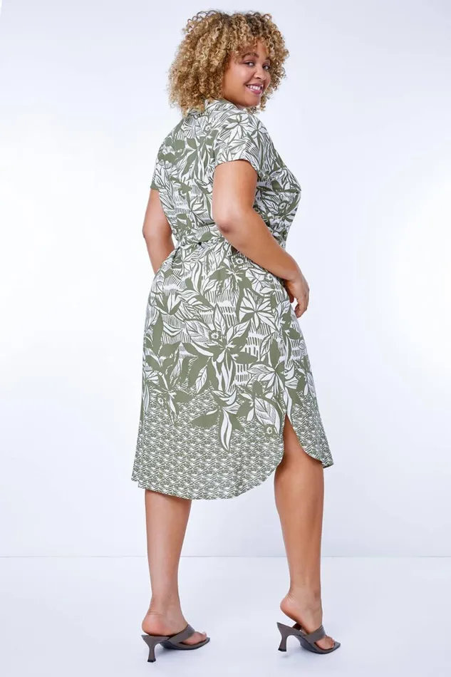 Khaki Curve Border Print Shirt Dress Women Roman Dresses
