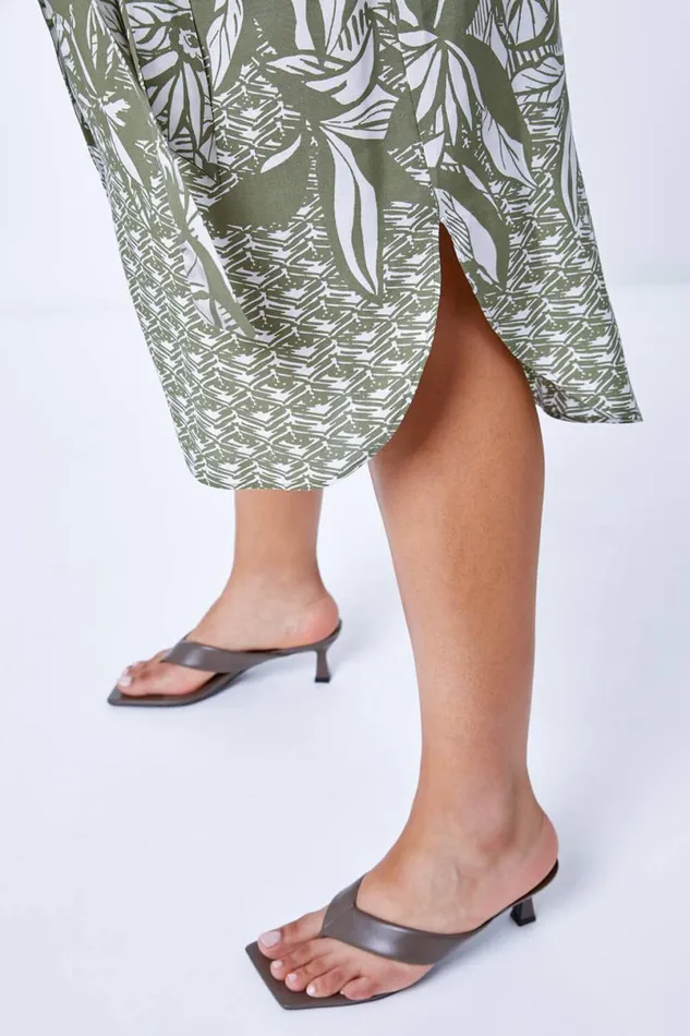 Khaki Curve Border Print Shirt Dress Women Roman Dresses