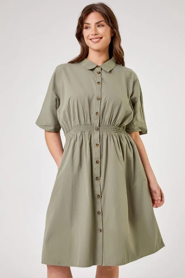 Khaki Curve Shirred Waist Shirt Dress Women Roman Dresses