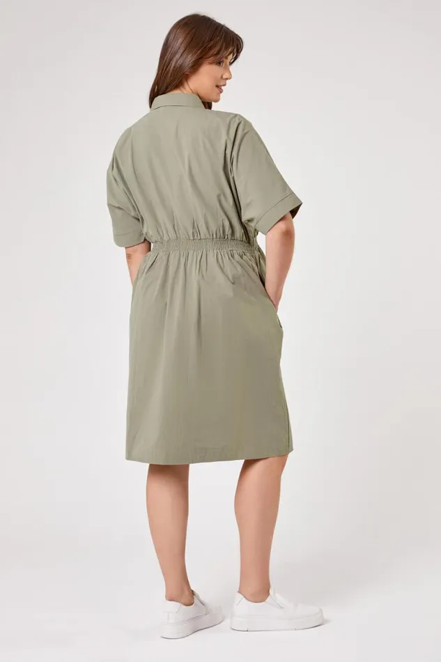Khaki Curve Shirred Waist Shirt Dress Women Roman Dresses