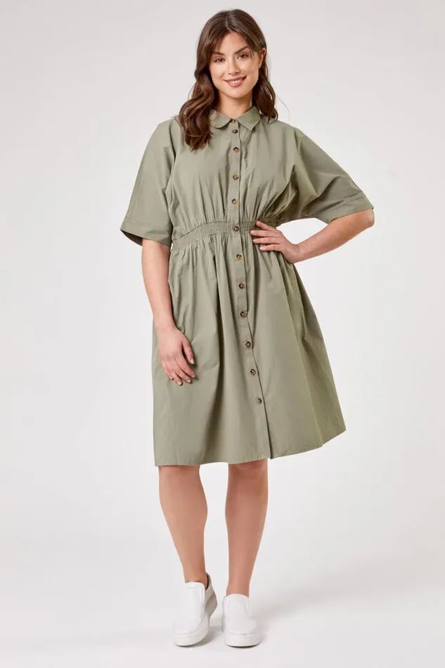 Khaki Curve Shirred Waist Shirt Dress Women Roman Dresses