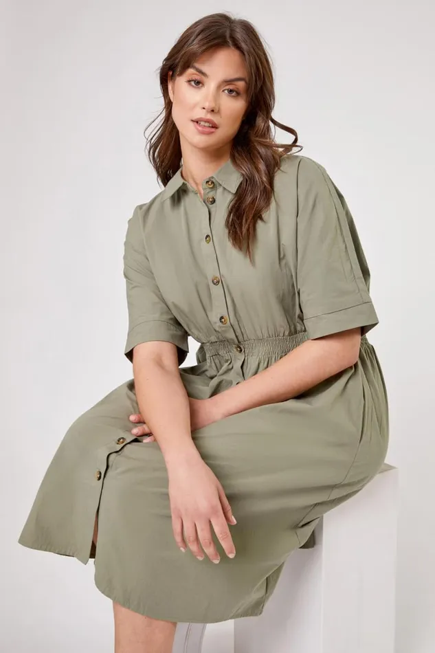 Khaki Curve Shirred Waist Shirt Dress Women Roman Dresses