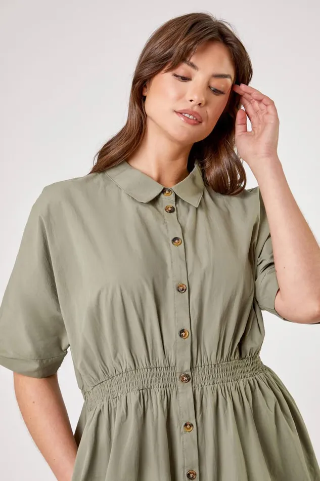 Khaki Curve Shirred Waist Shirt Dress Women Roman Dresses
