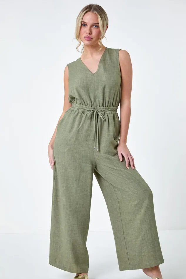Khaki Petite Wide Leg Stretch Jumpsuit Women Roman Dresses