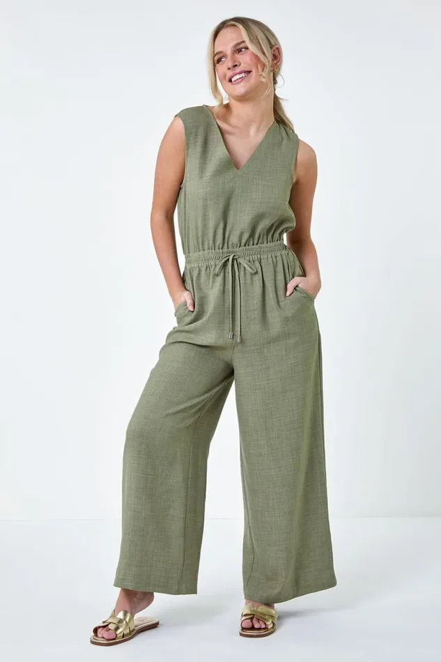 Khaki Petite Wide Leg Stretch Jumpsuit Women Roman Dresses
