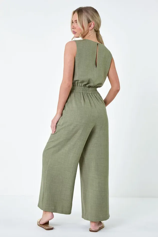 Khaki Petite Wide Leg Stretch Jumpsuit Women Roman Dresses