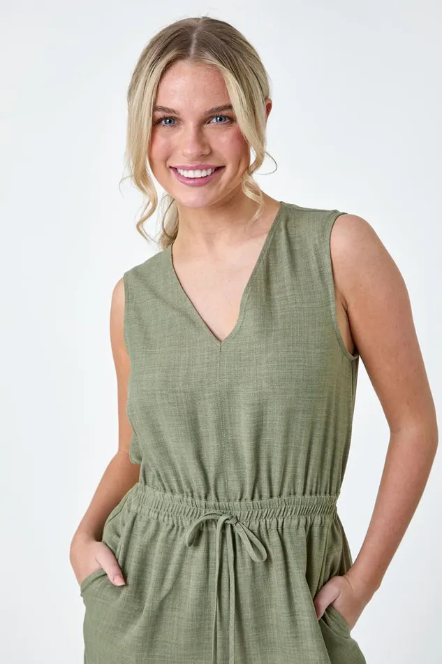 Khaki Petite Wide Leg Stretch Jumpsuit Women Roman Dresses