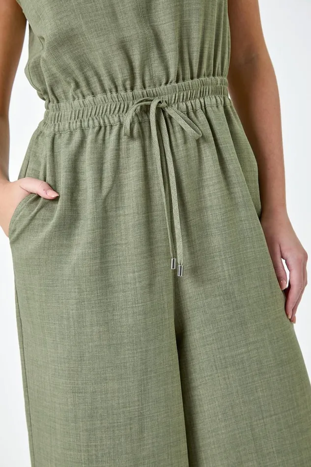 Khaki Petite Wide Leg Stretch Jumpsuit Women Roman Dresses