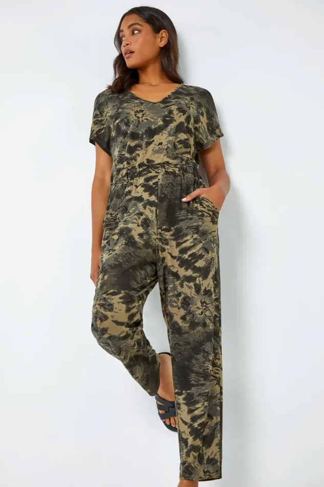 Khaki Tie Dye Pocket Stretch Jumpsuit Women Roman Dresses