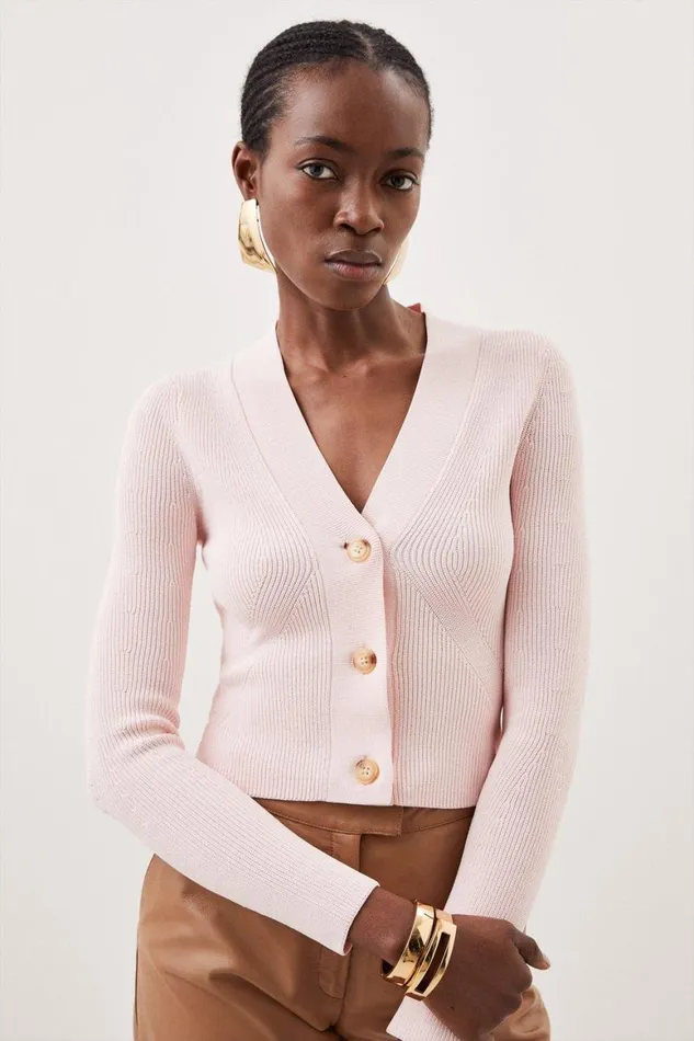 Knitwear Women Karen Millen Viscose Blend Compact Rib Knit Cardigan Pale Pink