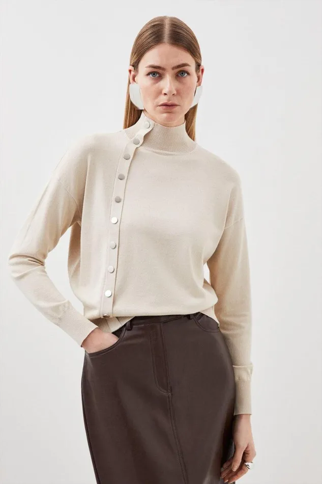 Knitwear Women Karen Millen Viscose Blend Popper Detail Knit Jumper Natural