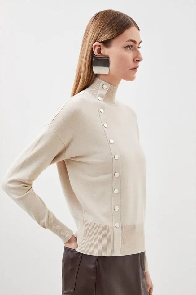 Knitwear Women Karen Millen Viscose Blend Popper Detail Knit Jumper Natural