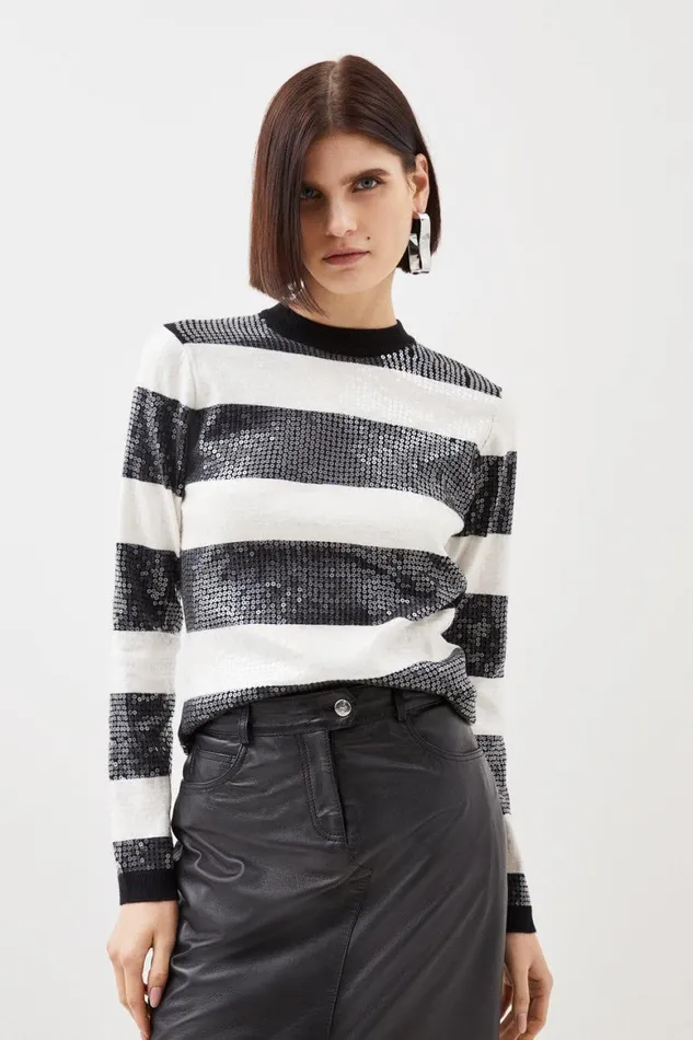 Knitwear Women Karen Millen Viscose Blend Sequin Knit Striped Jumper Mono
