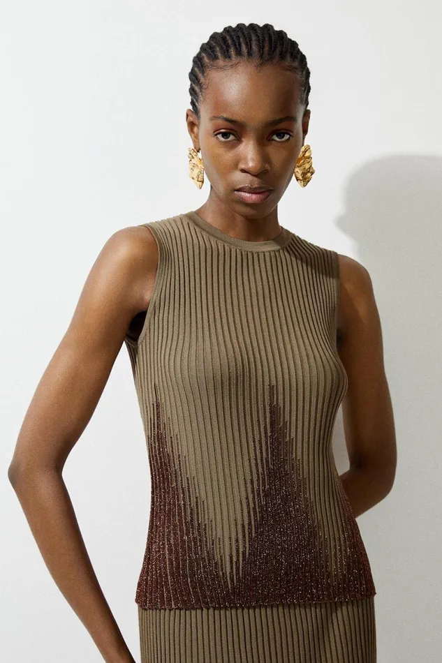 Knitwear Women Karen Millen Viscose Blend Shimmer Knit Top Coord Light Khaki