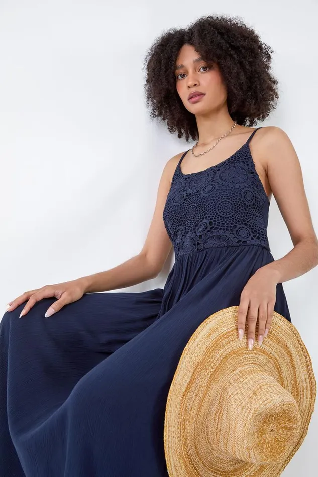 Lace Bodice Shirred Midi Dress Women Roman Dresses