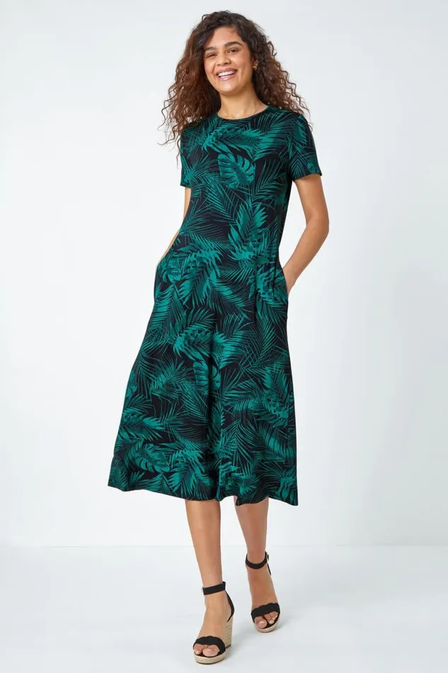 Leaf Print Stretch Midi Dress Women Roman Dresses