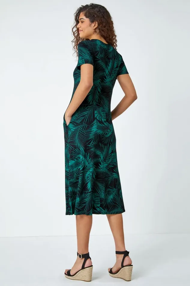 Leaf Print Stretch Midi Dress Women Roman Dresses