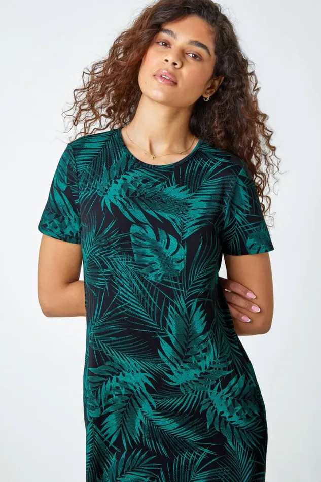 Leaf Print Stretch Midi Dress Women Roman Dresses