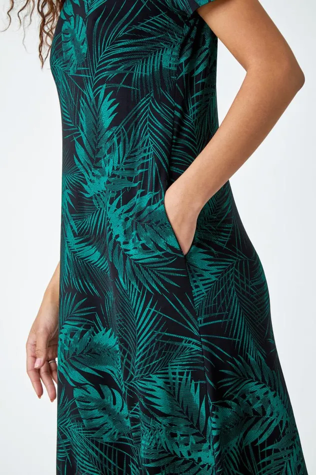 Leaf Print Stretch Midi Dress Women Roman Dresses