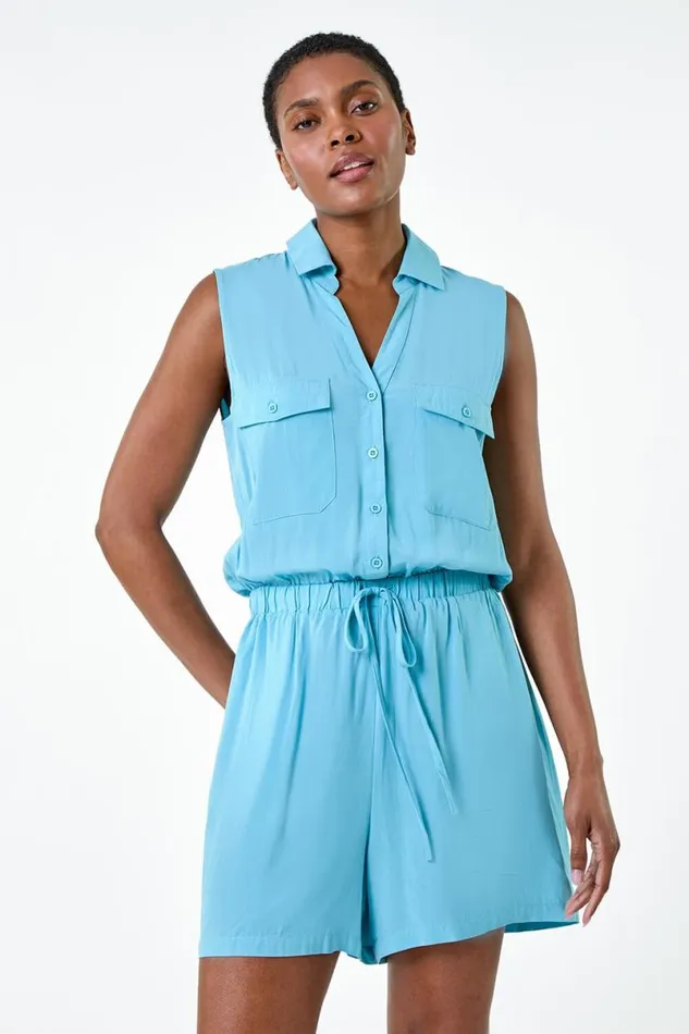Light Blue Button Through Utility Playsuit Women Roman Dresses