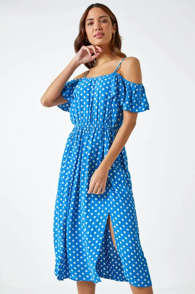 Light Blue Cold Shoulder Polka Dot Midi Dress Women Roman Dresses