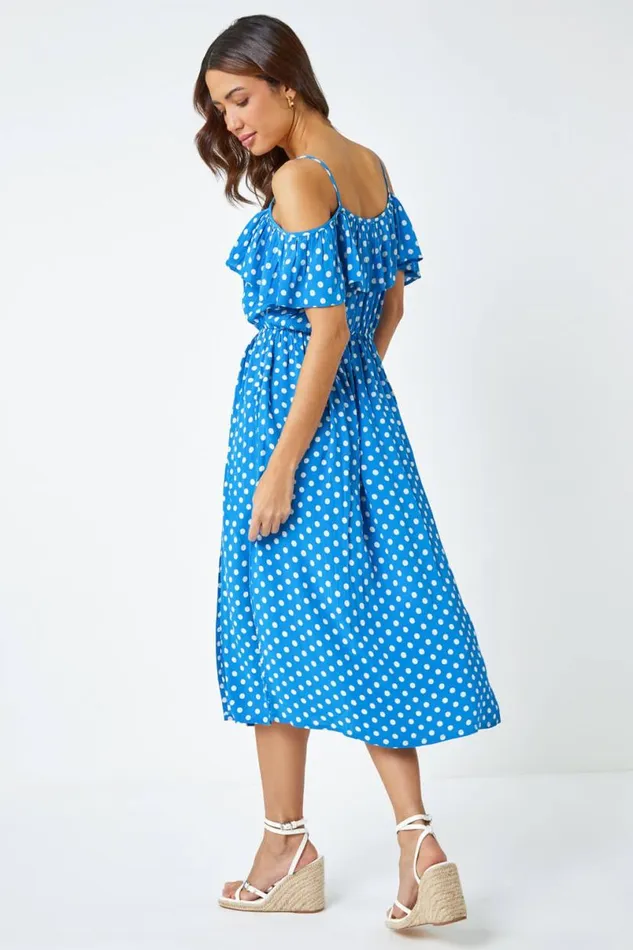 Light Blue Cold Shoulder Polka Dot Midi Dress Women Roman Dresses
