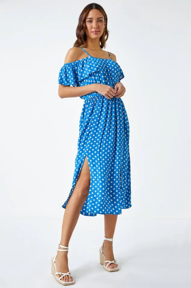 Light Blue Cold Shoulder Polka Dot Midi Dress Women Roman Dresses