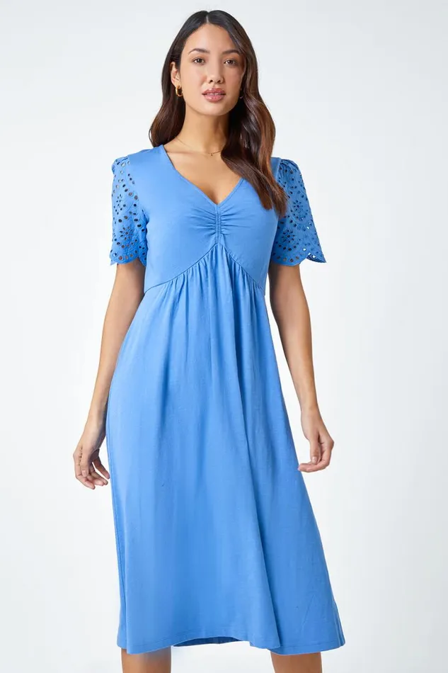 Light Blue Cotton Broderie Sleeve Midi Dress Women Roman Dresses