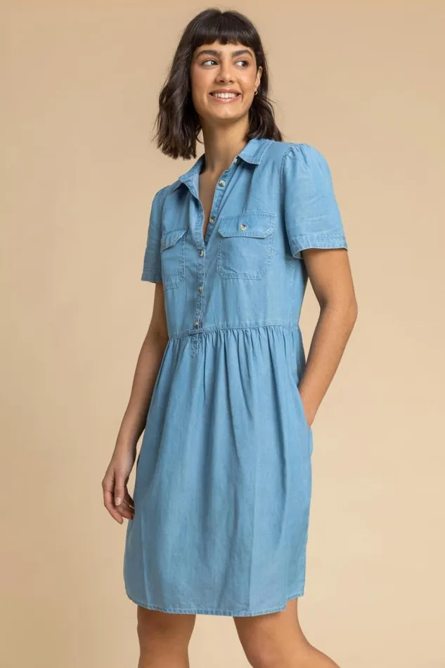 Light Blue Denim Buttoned Shirt Dress Women Roman Dresses