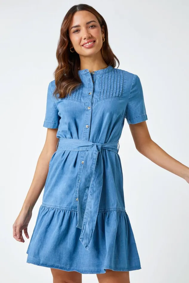 Light Denim Belted Cotton Denim Frill Hem Dress Women Roman Dresses