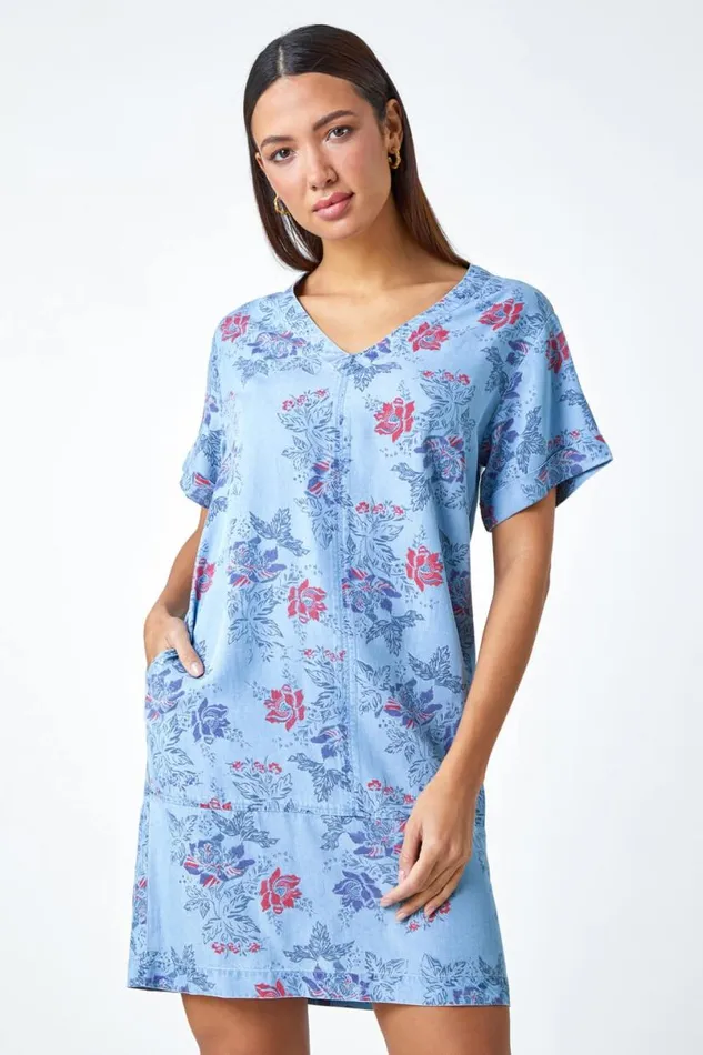 Light Denim Floral Print Denim Look Pocket Dress Women Roman Dresses