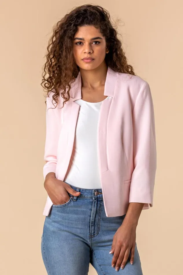 Light Pink 34 Sleeve Textured Notch Neck Jacket Women Roman Jackets