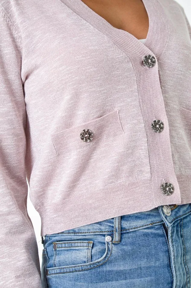 Light Pink Faux Pearl Shimmer Diamante Button Cardigan Women Roman Knitwear