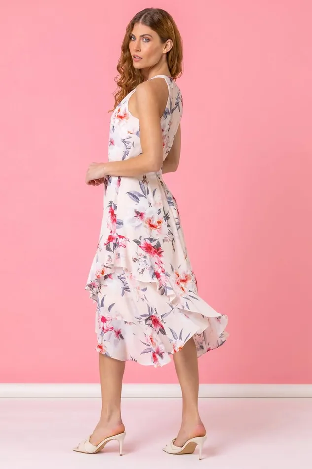 Light Pink Floral Asymmetric Belted Midi Dress Women Roman Dresses