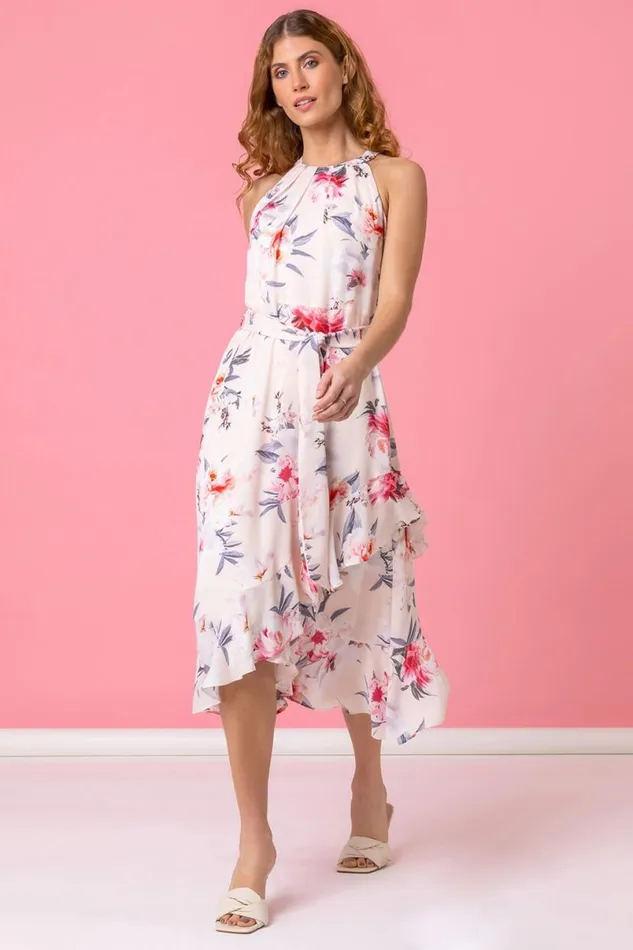 Light Pink Floral Asymmetric Belted Midi Dress Women Roman Dresses